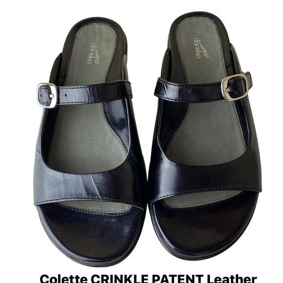 Dansko Crinkle Patent Leather BLACK Slip On Sandals - Picture 2 of 16